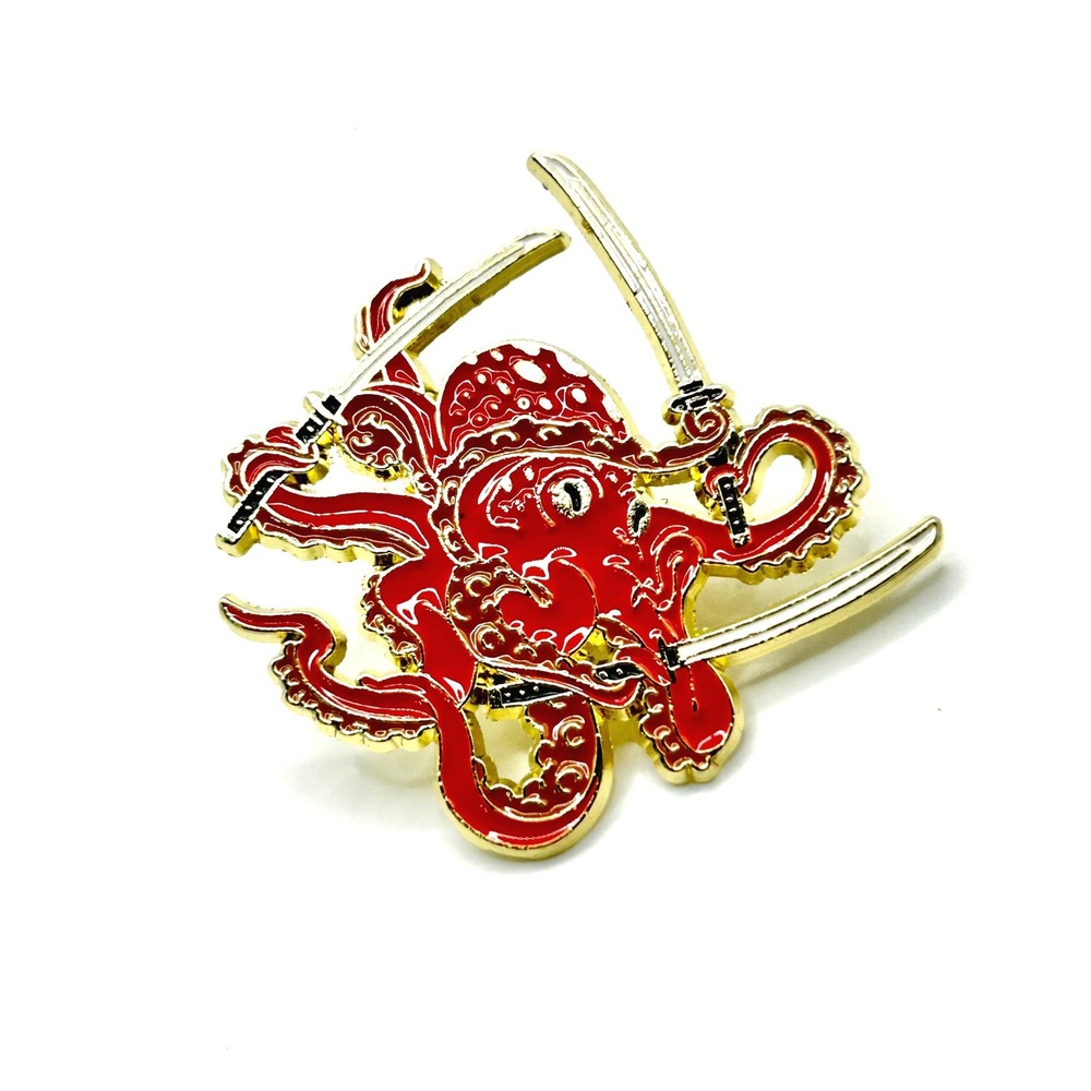 Samurai Octopus Enamel Pin OS Red Gold Katana Sword Sea Creature Animal Lapel